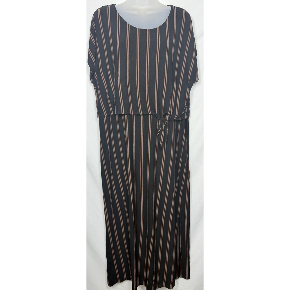 Chico's Striped Maxi Dress Black Brown Tie Waist Layered Stretch Size 3/XL